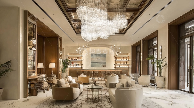 高清大图下载【趣麦麦图】豪华室内空间装饰精美吊灯与舒适沙发