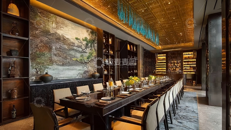 高清大图下载【趣麦麦图】豪华餐厅长桌布置精致餐具与装饰墙画