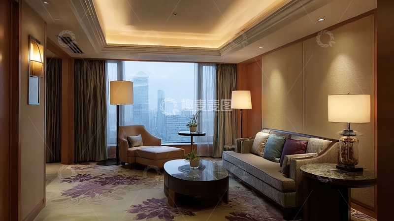 高清大图下载【趣麦麦图】现代豪华客厅配备沙发茶几和落地窗景观