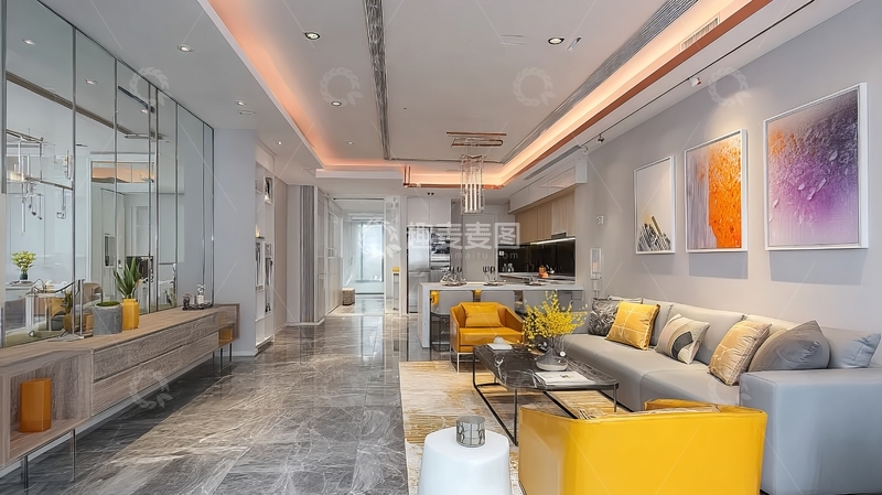 高清大图下载【趣麦麦图】现代客厅设计展示灰色沙发黄色座椅与开放式厨房