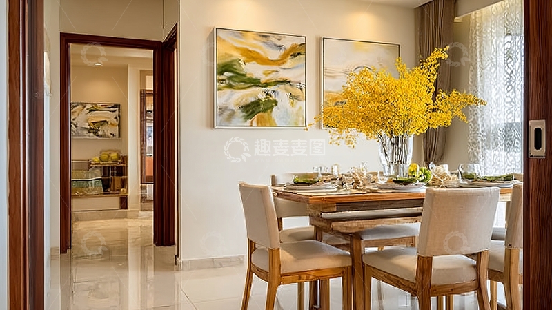 高清大图下载【趣麦麦图】现代风格餐厅内摆放黄色花束与艺术画作