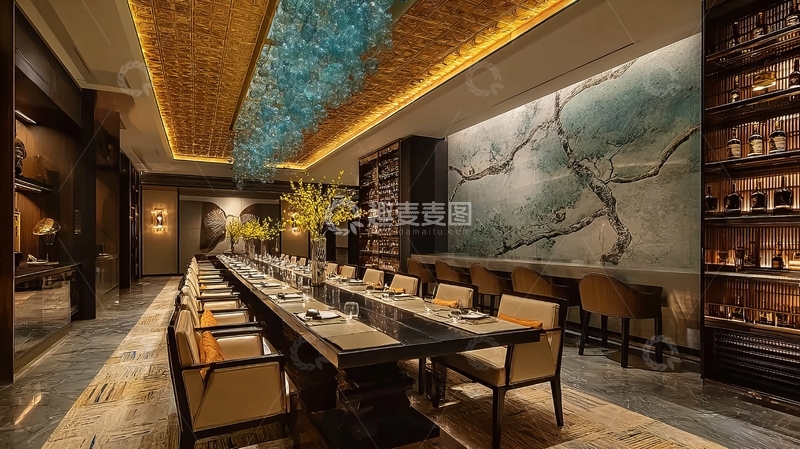 高清大图下载【趣麦麦图】豪华餐厅内部装潢精致餐桌椅排列整齐