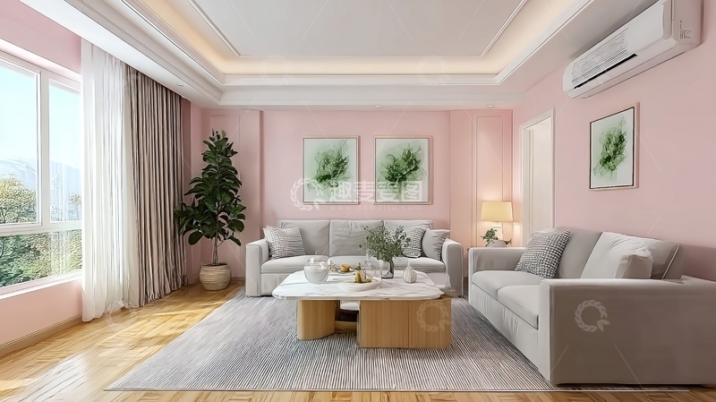 高清大图下载【趣麦麦图】粉色墙面客厅布置温馨舒适