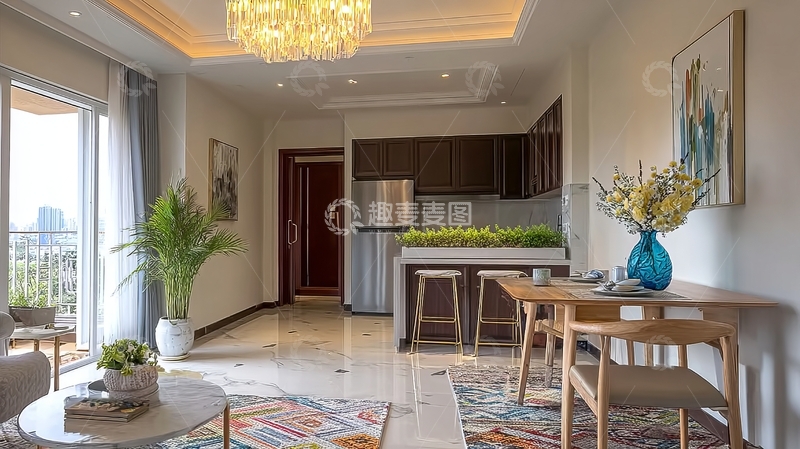 高清大图下载【趣麦麦图】现代风格客厅与厨房相连的明亮室内空间
