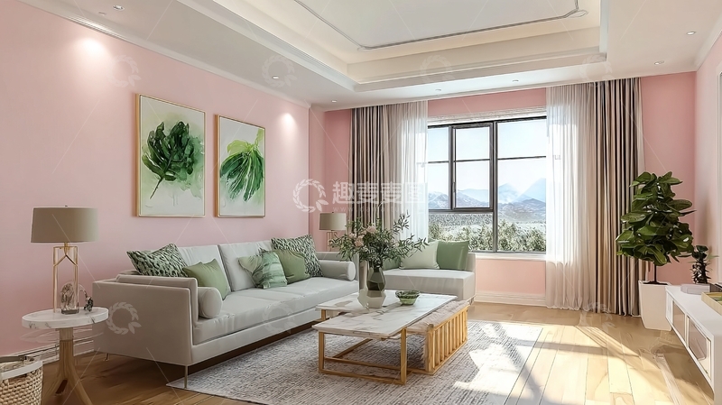 高清大图下载【趣麦麦图】现代客厅设计以粉色墙面和自然光线为特色