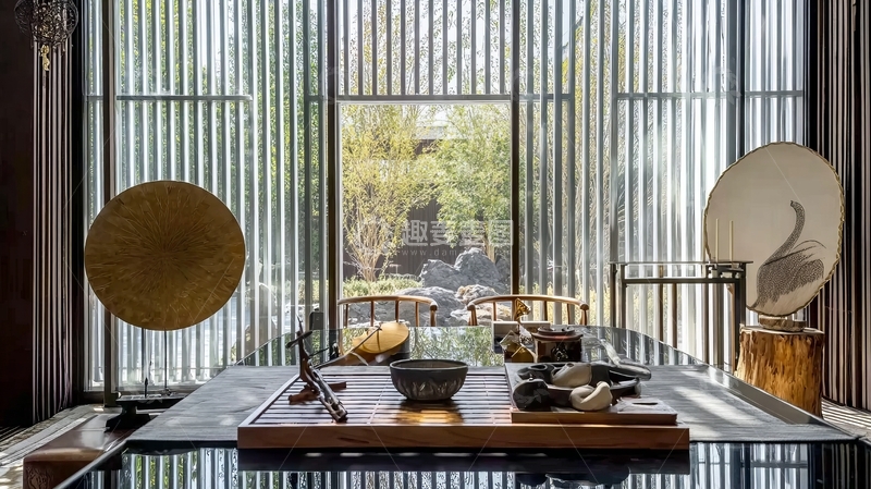 高清大图下载【趣麦麦图】现代中式茶室窗边静景