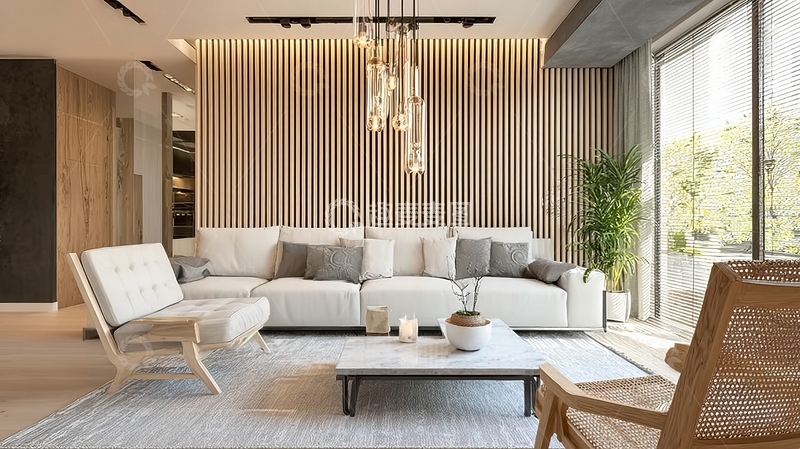 高清大图下载【趣麦麦图】现代简约客厅设计木质墙面与大面积窗户