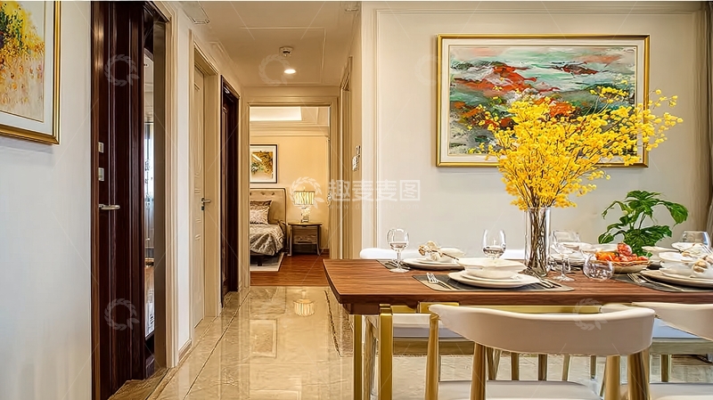 高清大图下载【趣麦麦图】现代风格餐厅内景餐桌摆放鲜花与餐具