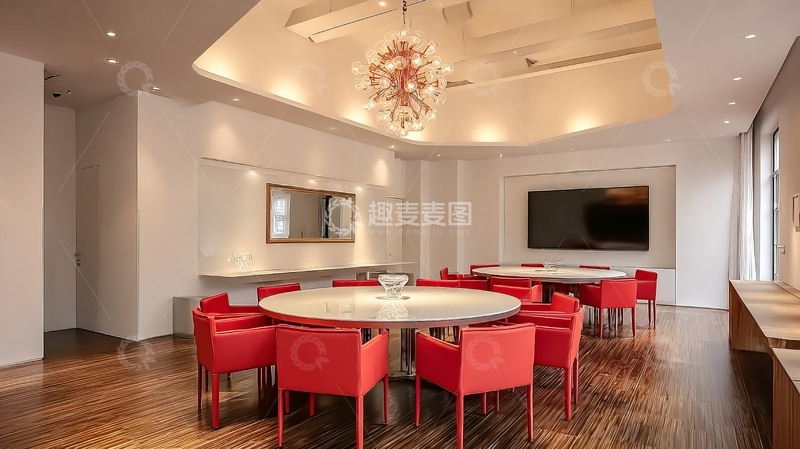 高清大图下载【趣麦麦图】现代简约风格餐厅内设圆形餐桌与红色座椅