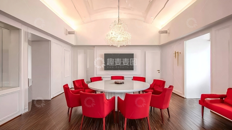 高清大图下载【趣麦麦图】现代简约风格客厅配红色座椅和吊灯