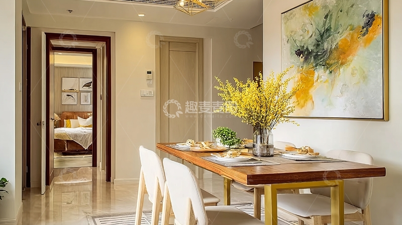高清大图下载【趣麦麦图】现代简约风格餐厅与卧室相连的室内场景