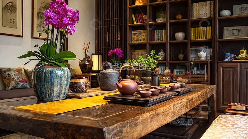 高清大图下载【趣麦麦图】中式茶室木质茶桌摆放精致茶具与绿植