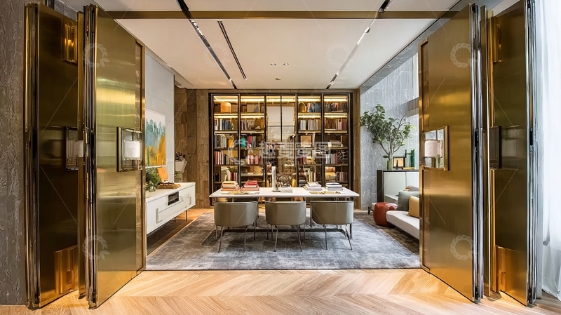 现代奢华书房内景展示书架餐桌与金色门扉