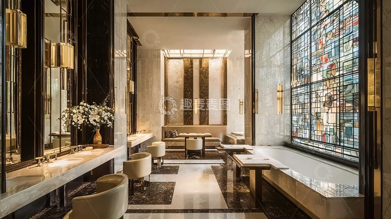 高清大图下载【趣麦麦图】豪华酒店大堂装饰有彩色玻璃窗和现代家具