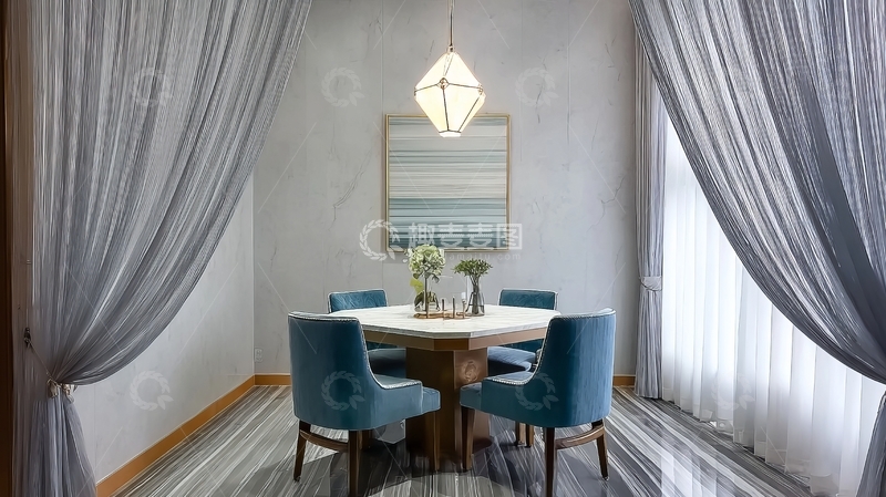高清大图下载【趣麦麦图】现代简约风格餐厅角落配蓝色椅子和灰色窗帘