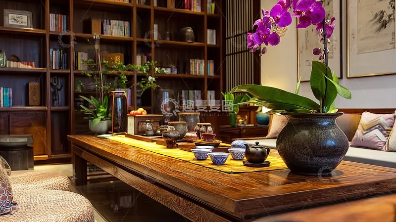 高清大图下载【趣麦麦图】中式茶室木质茶桌摆放茶具与紫花盆栽