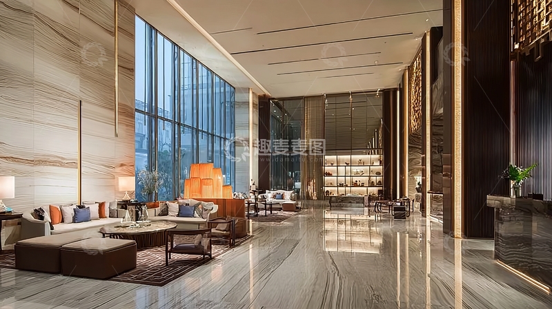 高清大图下载【趣麦麦图】豪华现代酒店大堂宽敞明亮设有舒适沙发和落地窗
