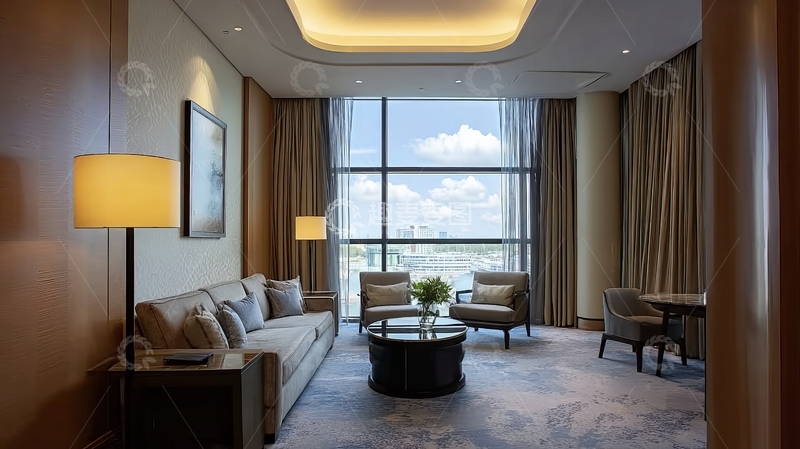 高清大图下载【趣麦麦图】现代豪华客厅设有大窗户和舒适家具