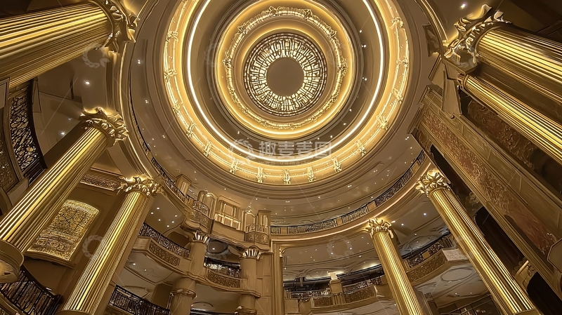 高清大图下载【趣麦麦图】华丽穹顶建筑内部视角展现金色柱廊与精致装饰