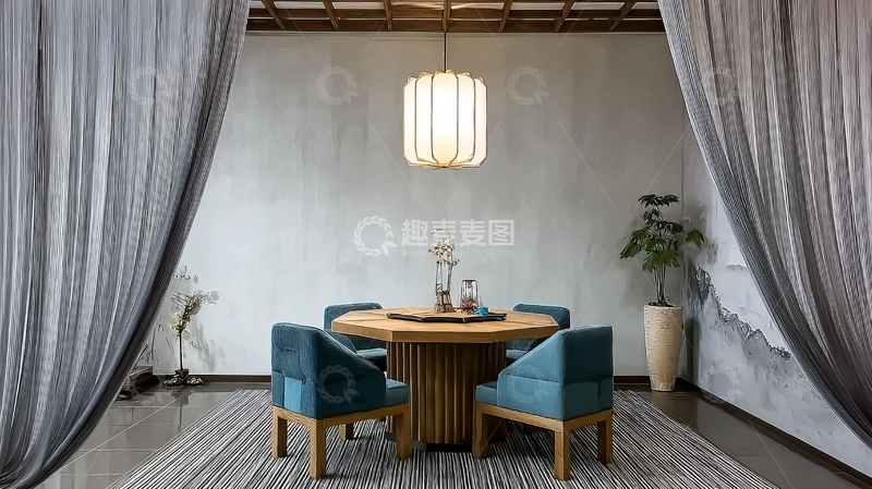 高清大图下载【趣麦麦图】现代简约风格餐厅空间配以优雅窗帘和吊灯