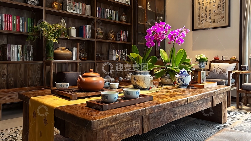 高清大图下载【趣麦麦图】中式茶室摆放着木质茶桌和紫色兰花