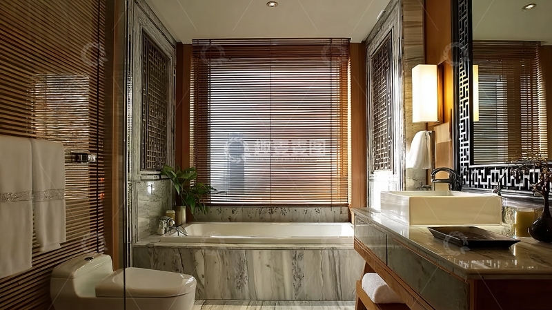 高清大图下载【趣麦麦图】现代豪华浴室配备大理石浴缸和木质百叶窗
