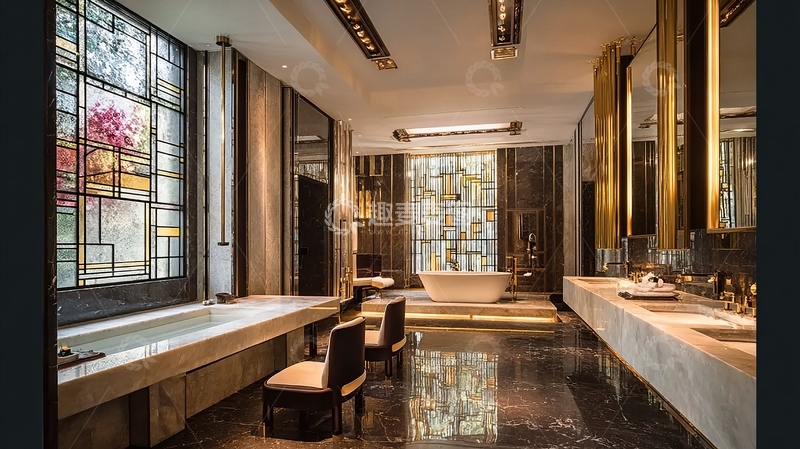 高清大图下载【趣麦麦图】豪华浴室内部设计现代优雅带有彩色玻璃窗