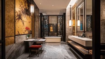 现代中式风格浴室配备浴缸与艺术装饰画