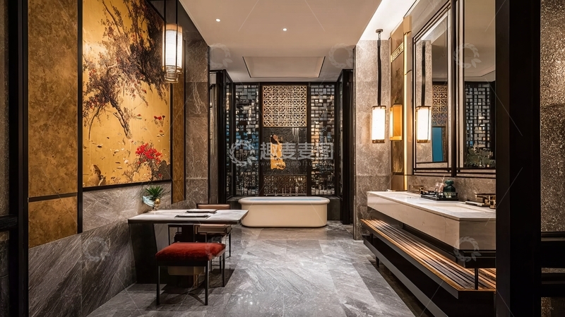 高清大图下载【趣麦麦图】现代中式风格浴室配备浴缸与艺术装饰画