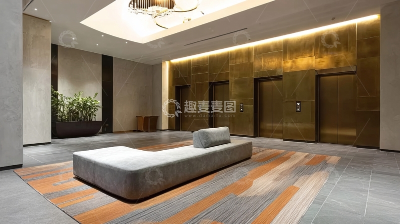 高清大图下载【趣麦麦图】现代豪华大厅内设有金色电梯和简约沙发