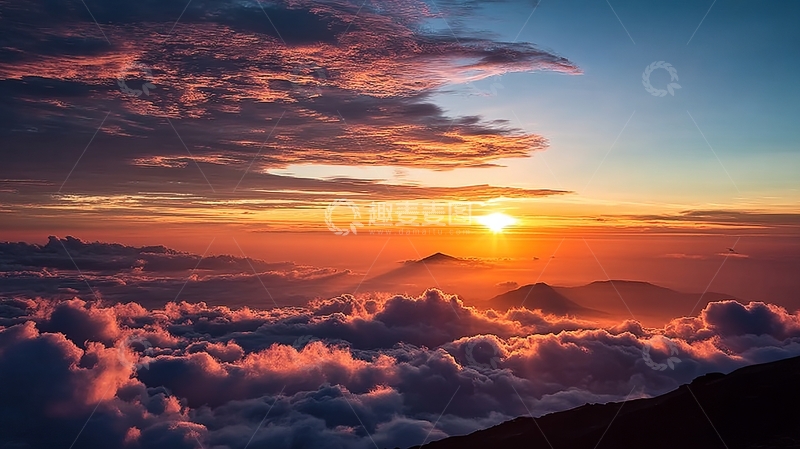 高清大图下载【趣麦麦图】日出时分云海之上山脉剪影