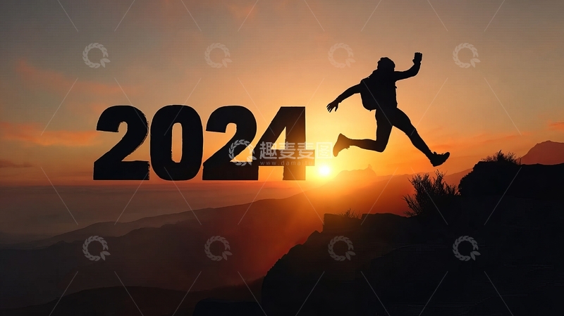 高清大图下载【趣麦麦图】2024年奔跑者剪影于日落山巅