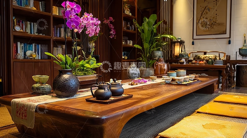 高清大图下载【趣麦麦图】中式风格茶室摆放兰花与茶具