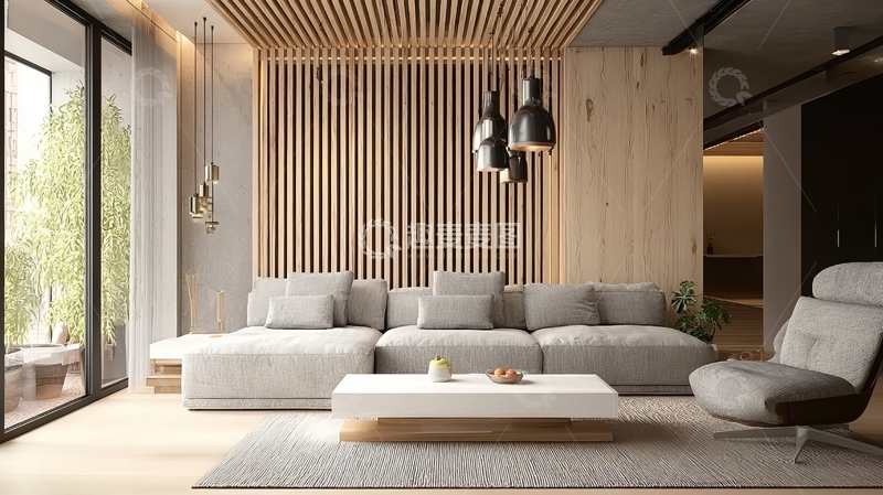 高清大图下载【趣麦麦图】现代简约风格客厅设计木质墙面与舒适沙发组合