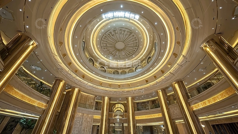 高清大图下载【趣麦麦图】豪华建筑内部圆形穹顶与金色立柱设计