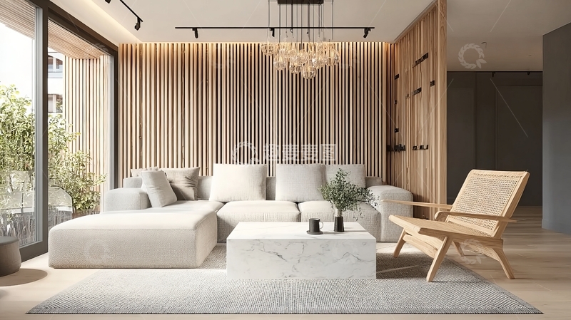 高清大图下载【趣麦麦图】现代简约风格客厅设计木质墙面与舒适家具组合