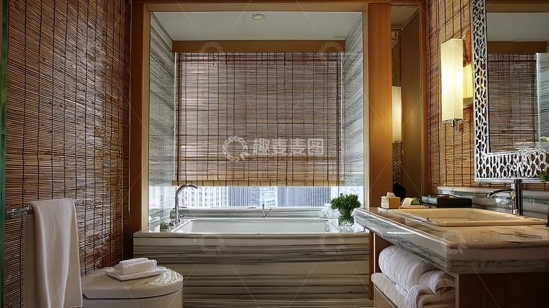 高清大图下载【趣麦麦图】现代风格浴室配备浴缸和木质装饰