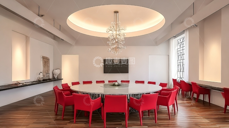 高清大图下载【趣麦麦图】现代简约风格会议室配备红色座椅和圆形吊灯