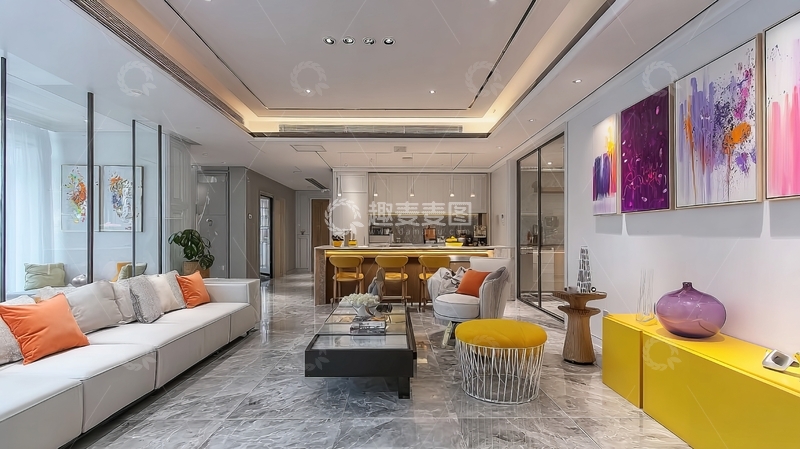 高清大图下载【趣麦麦图】现代客厅与开放式厨房相连的明亮室内设计