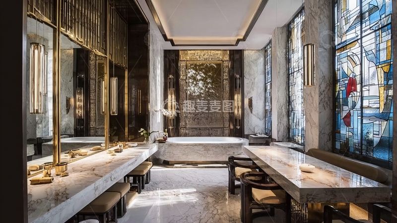高清大图下载【趣麦麦图】豪华室内空间设有大理石台面和彩色玻璃窗
