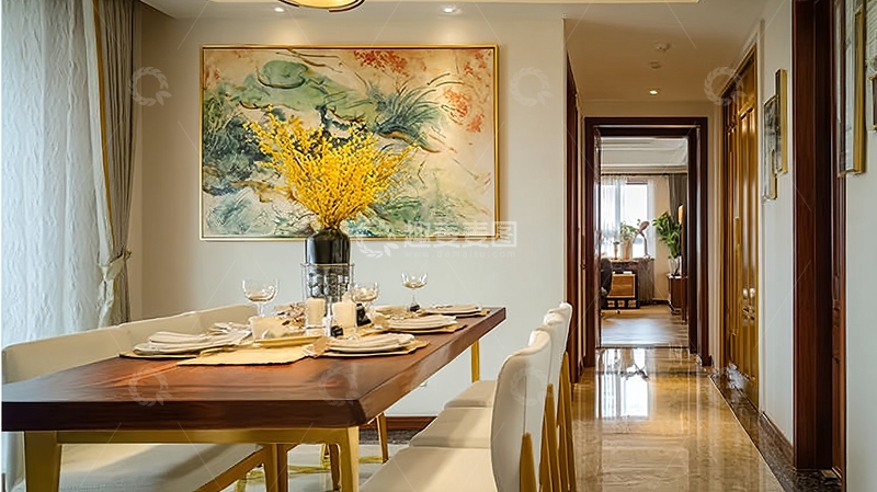 高清大图下载【趣麦麦图】-现代风格餐厅内景布置精美餐桌与艺术画作