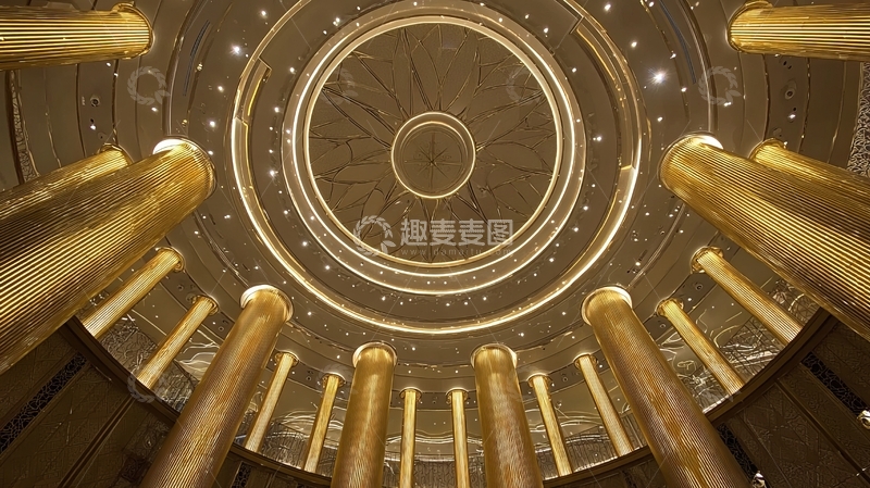 高清大图下载【趣麦麦图】宏伟圆顶建筑内部金色柱子与华丽穹顶细节