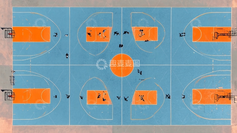 高清大图下载【趣麦麦图】篮球场俯瞰图显示球员在场上进行比赛