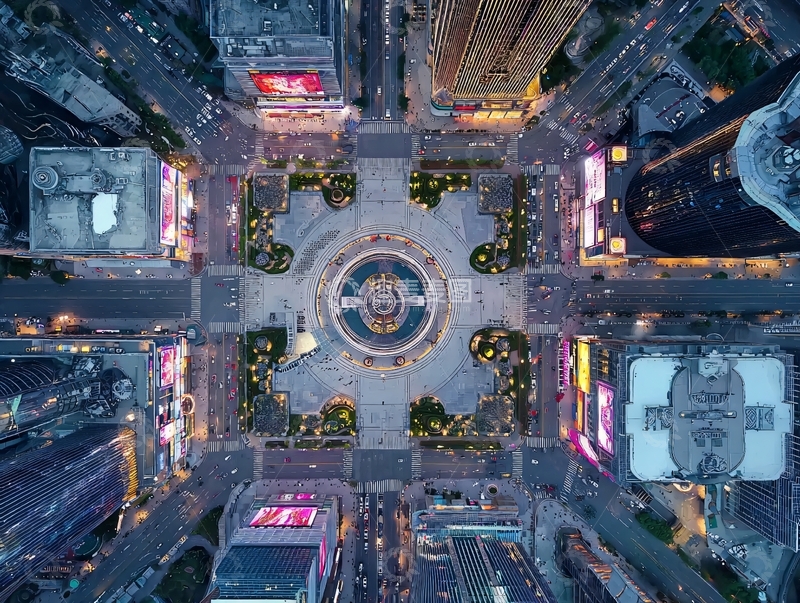 高清大图下载【趣麦麦图】俯瞰城市广场夜景高楼林立灯光璀璨