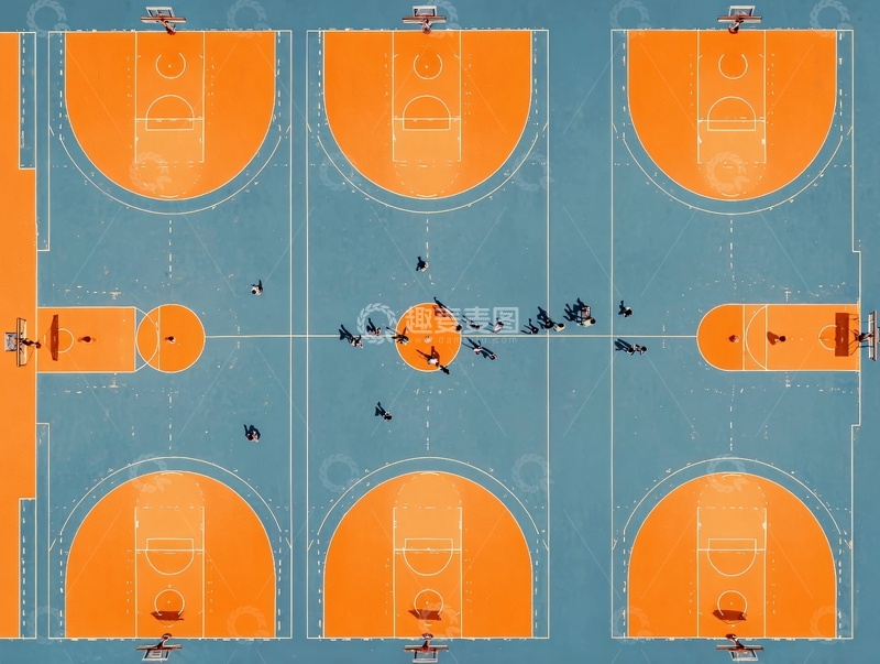 高清大图下载【趣麦麦图】俯瞰视角下的六个橙色篮球场及场中活动人群