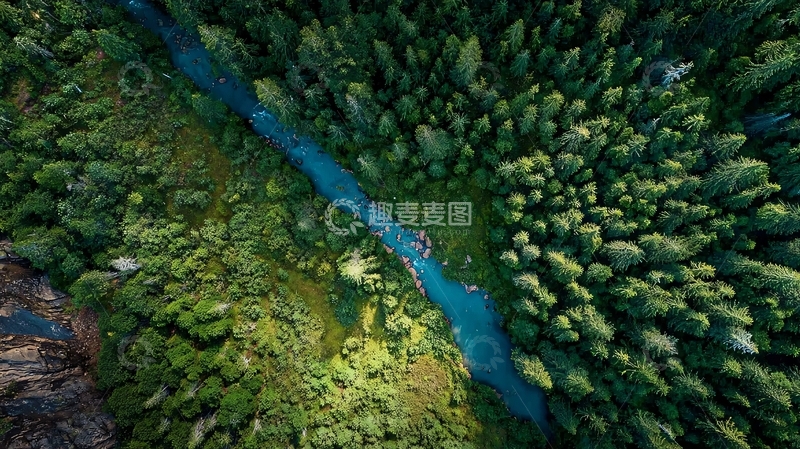 高清大图下载【趣麦麦图】航拍视角下蜿蜒河流穿行于茂密森林之中