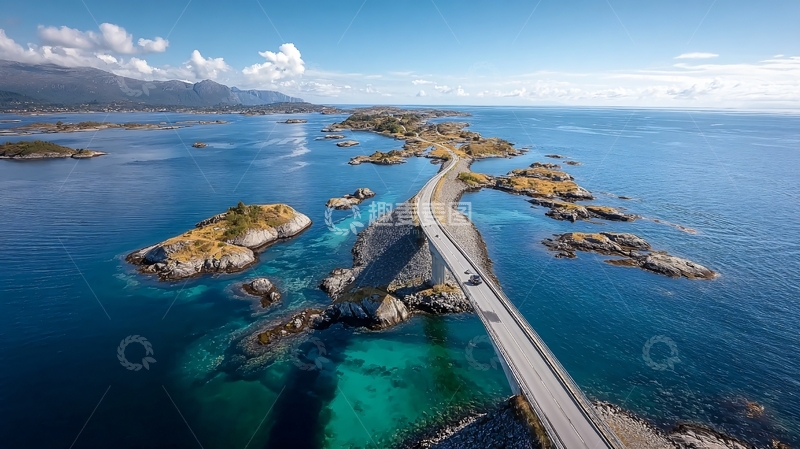 高清大图下载【趣麦麦图】海上桥梁连接岩石岛屿的壮丽航拍景观