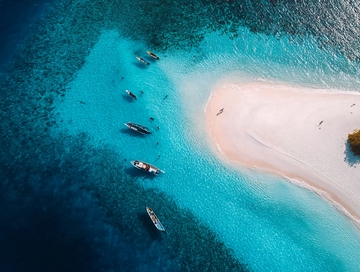 俯瞰清澈碧海中的小岛与停泊船只