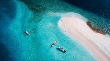 俯瞰碧海蓝天下的沙滩与小船