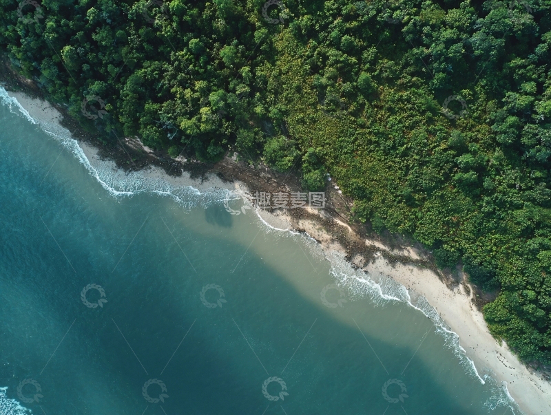 高清大图下载【趣麦麦图】俯瞰视角下的热带海岸线绿树与碧海相接